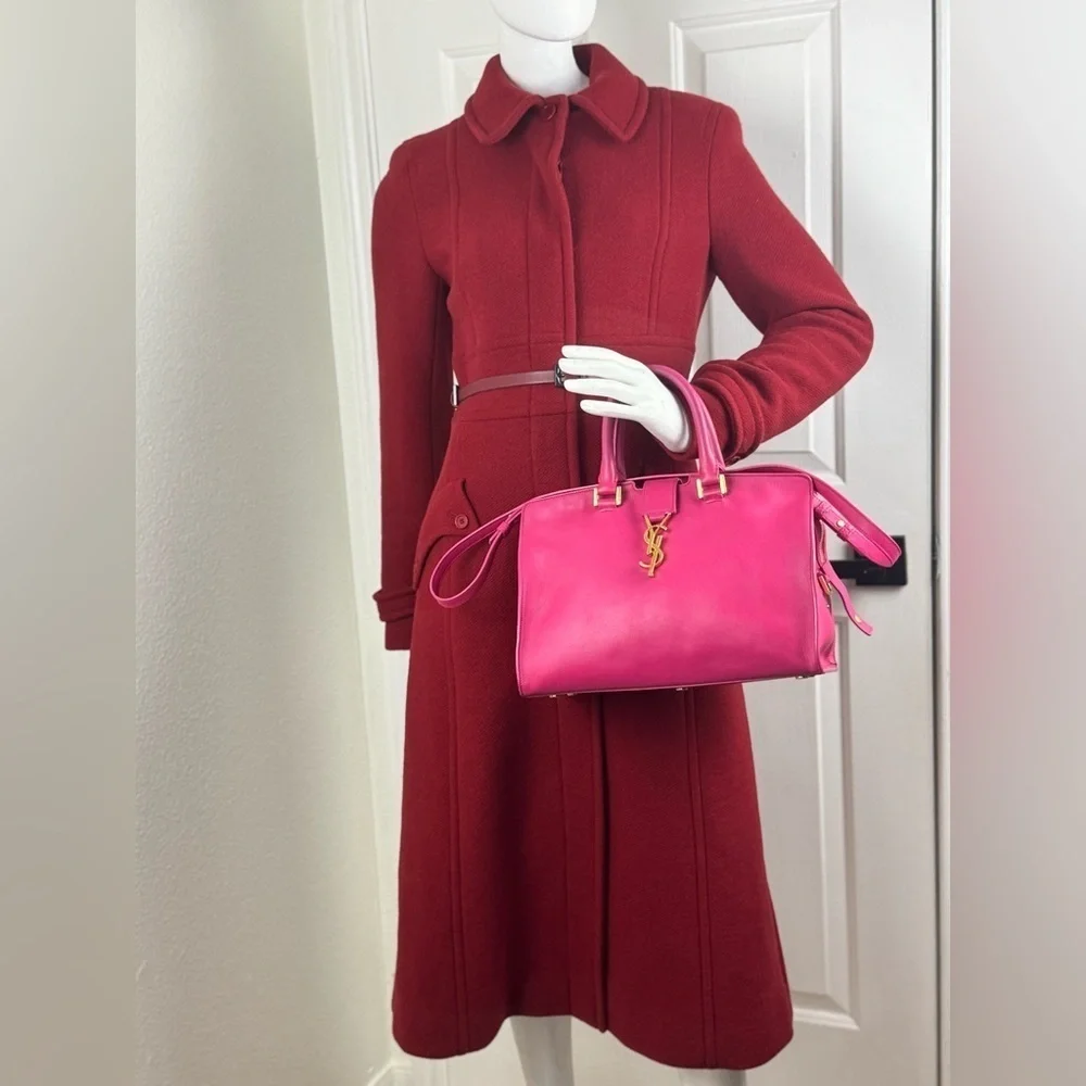 YVES SAINT LAURENT Fuchsia Calfskin Leather Small Cabas Crossbody Bag.